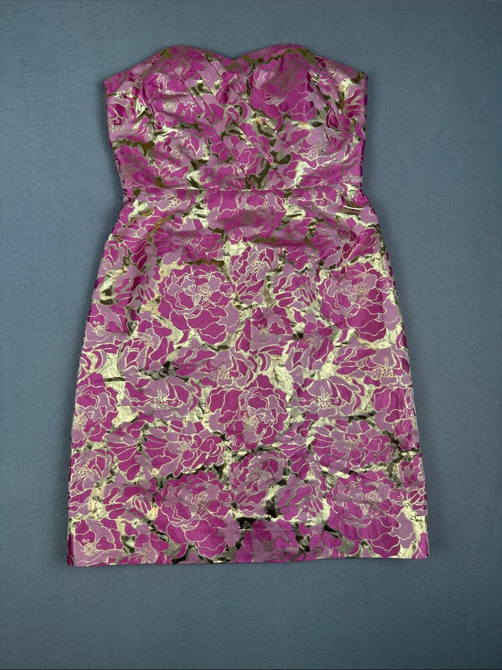 Lilly Pulitzer Raya Strapless Pink Floral/metallic gold Brocade Dress
Size: 0